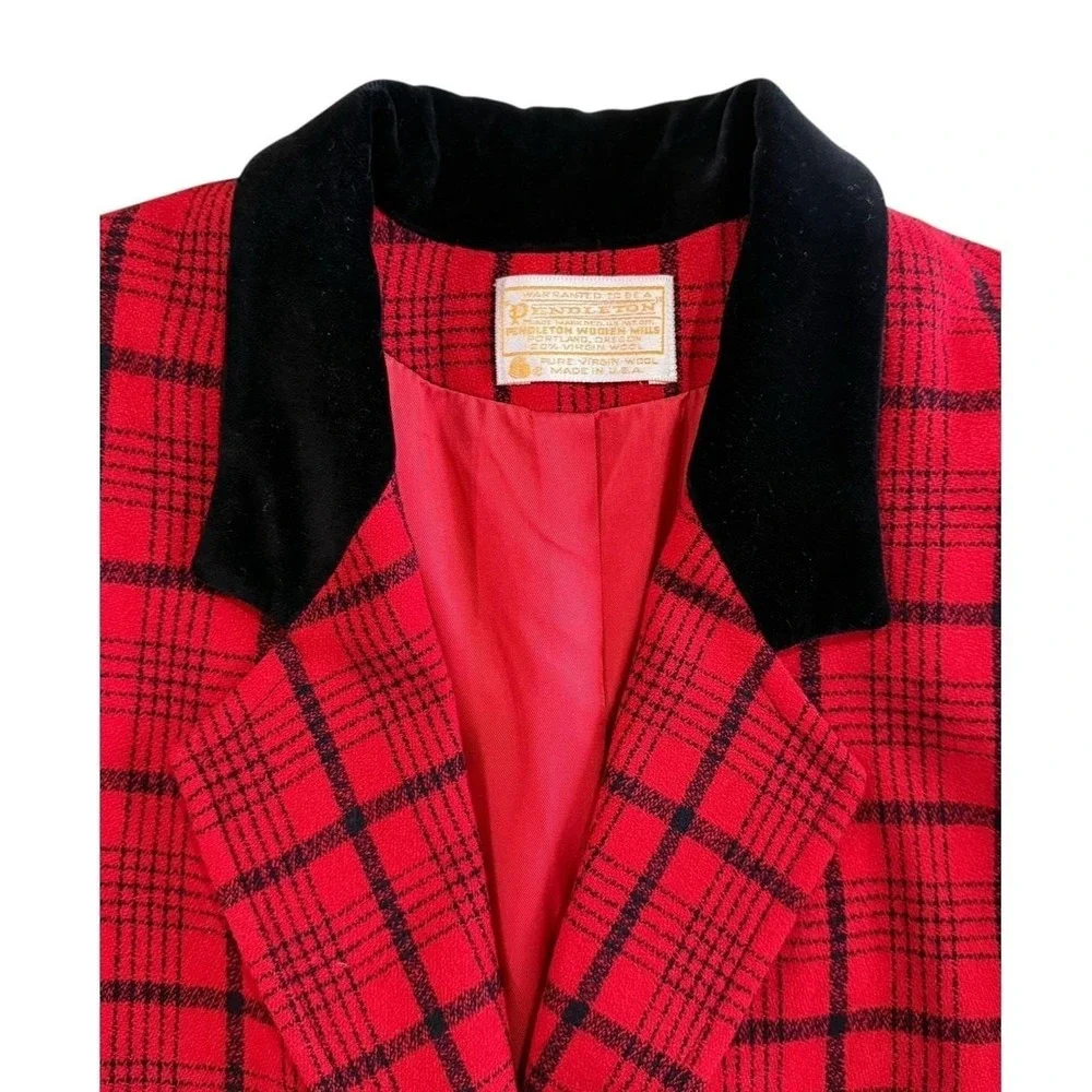 Vintage Pendleton Blazer Skirt Suit Set Women's 12 Red Plaid Tartan Wool USA 70s